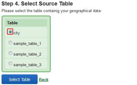 select source table to import geographical data